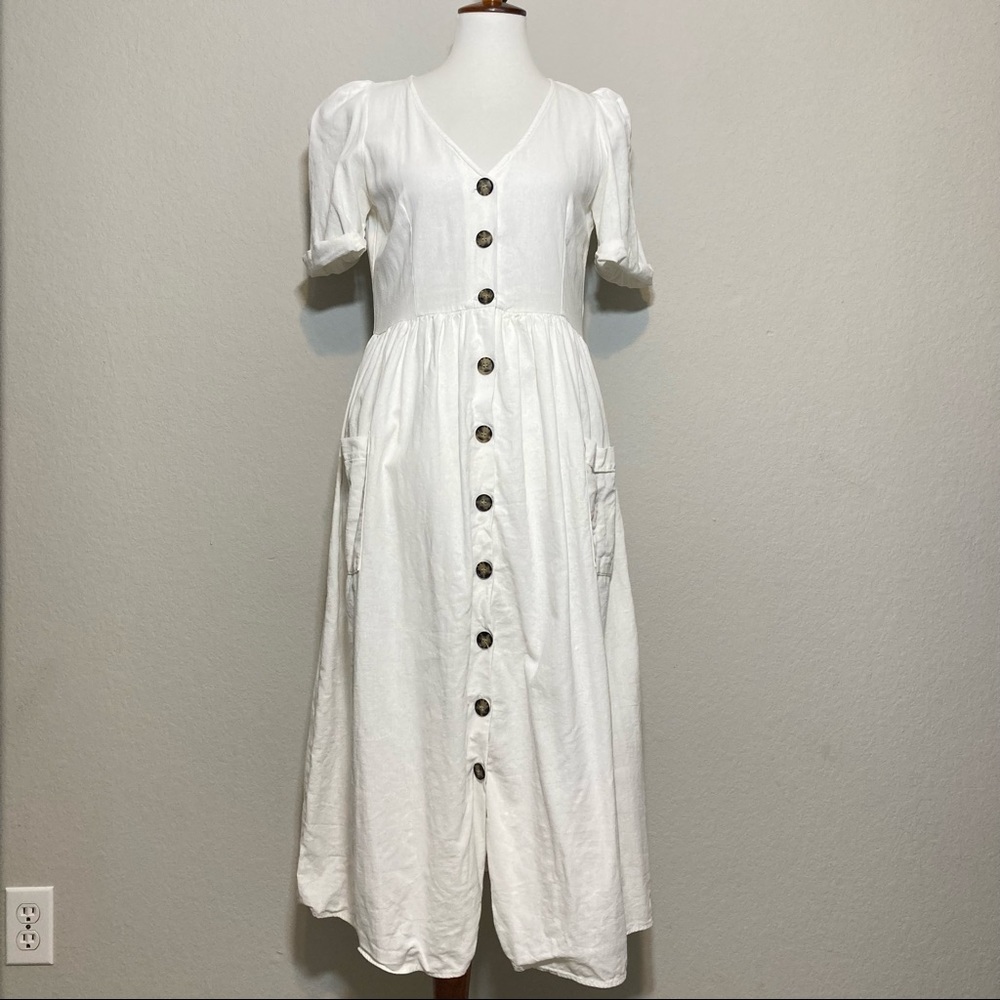 ZARA trf Collection White Cotton/Linen Blend Button Front Peasant Dress Medium